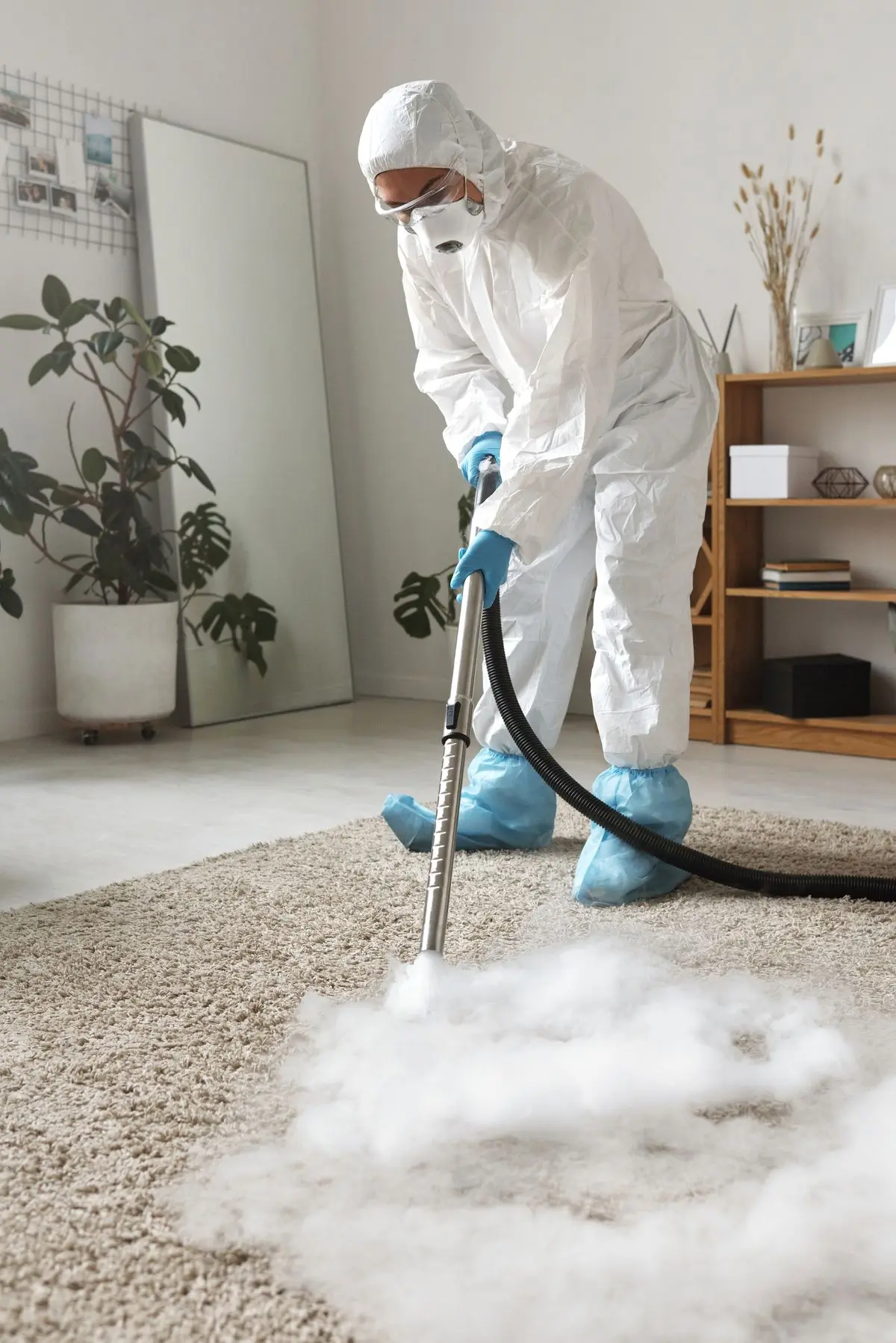 A technician in a white suit using a vacuum hose in a bright room.