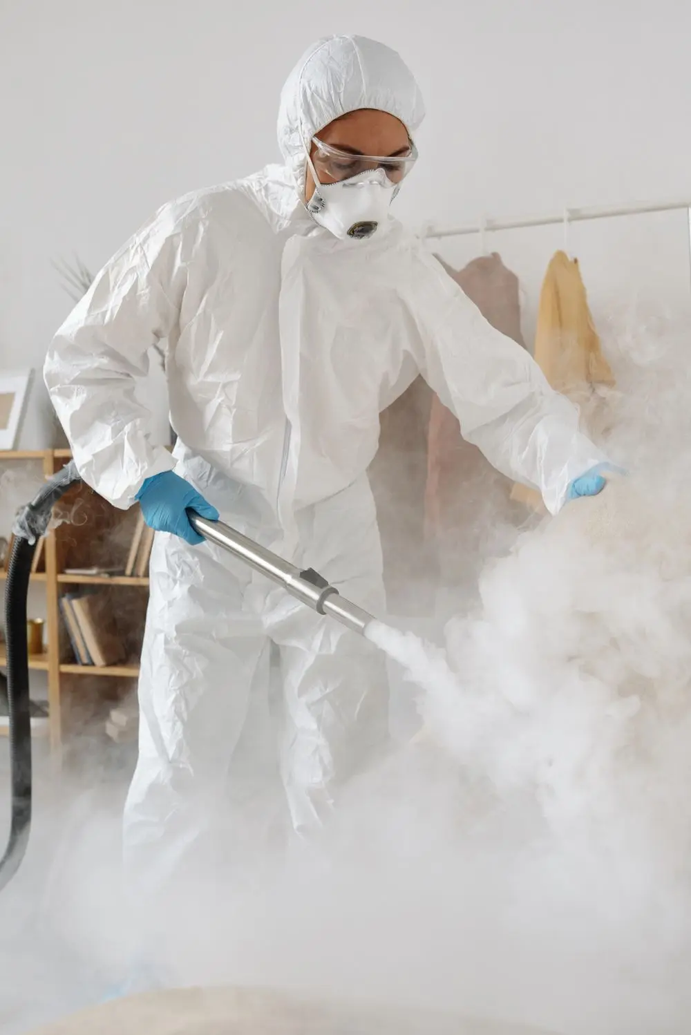 Two technicians in white suits fogging a bright room.