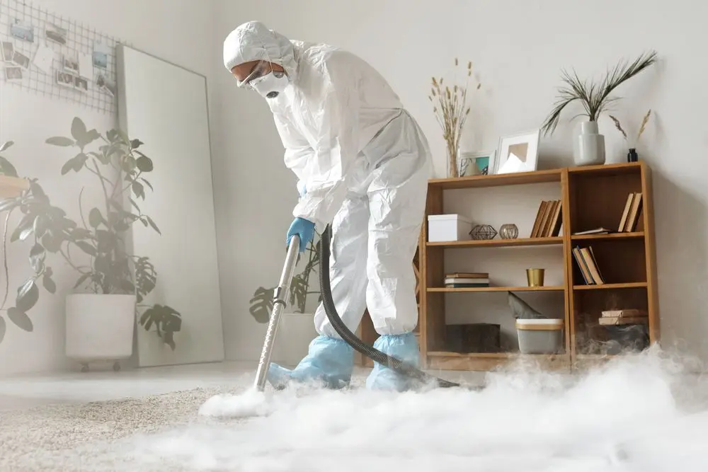 A technician in a white suit fogging along a bright floor.