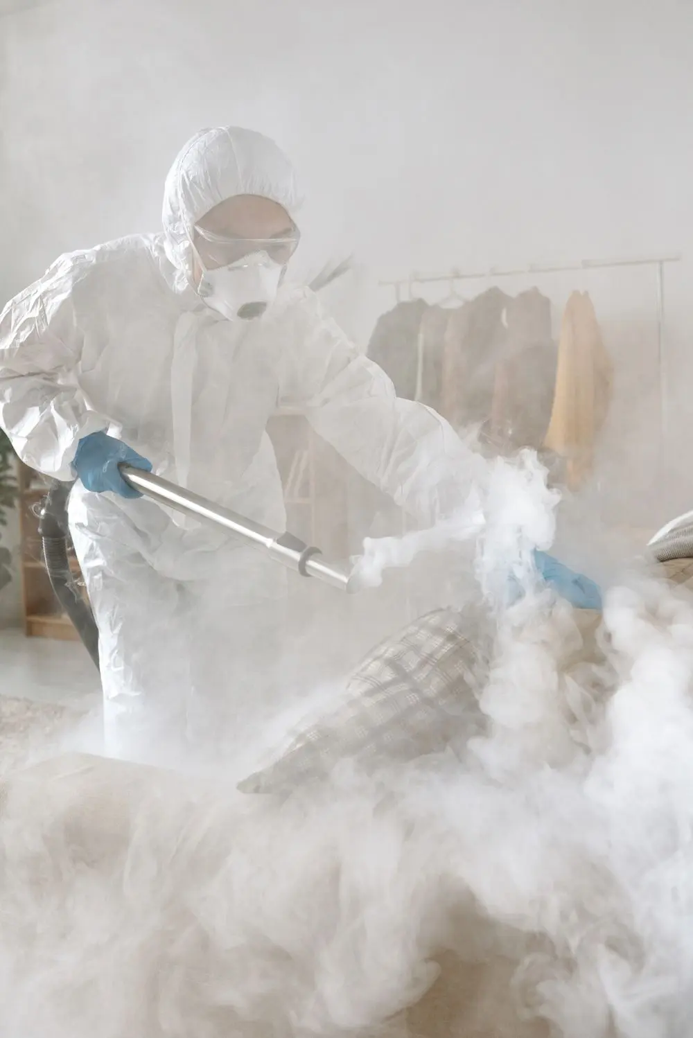 Technicians in white suits fogging a bright room.