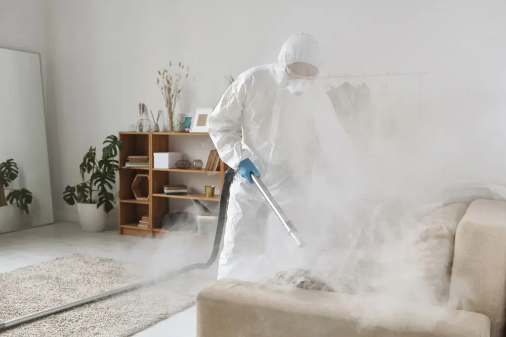 A technician in a white suit spraying fog in a bright room.
